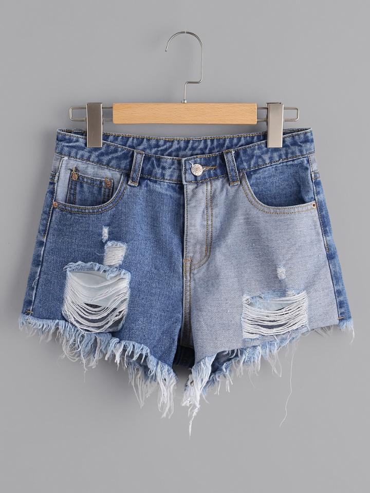 Shein Distressed Contrast Denim Shorts