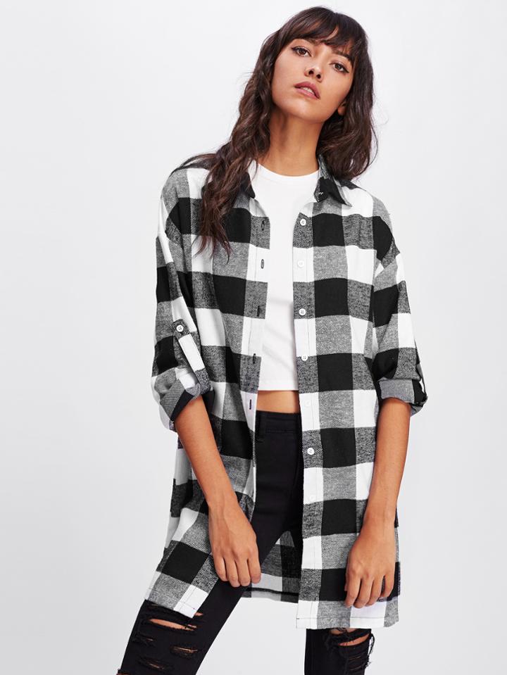 Shein Roll Tab Sleeve Button Up Plaid Shirt