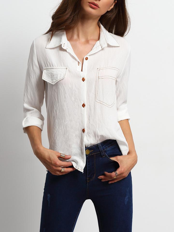 Shein White Lapel Blouse With Pocket