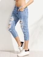 Shein Blue Ripped Letter Print 3/4 Length Jeans