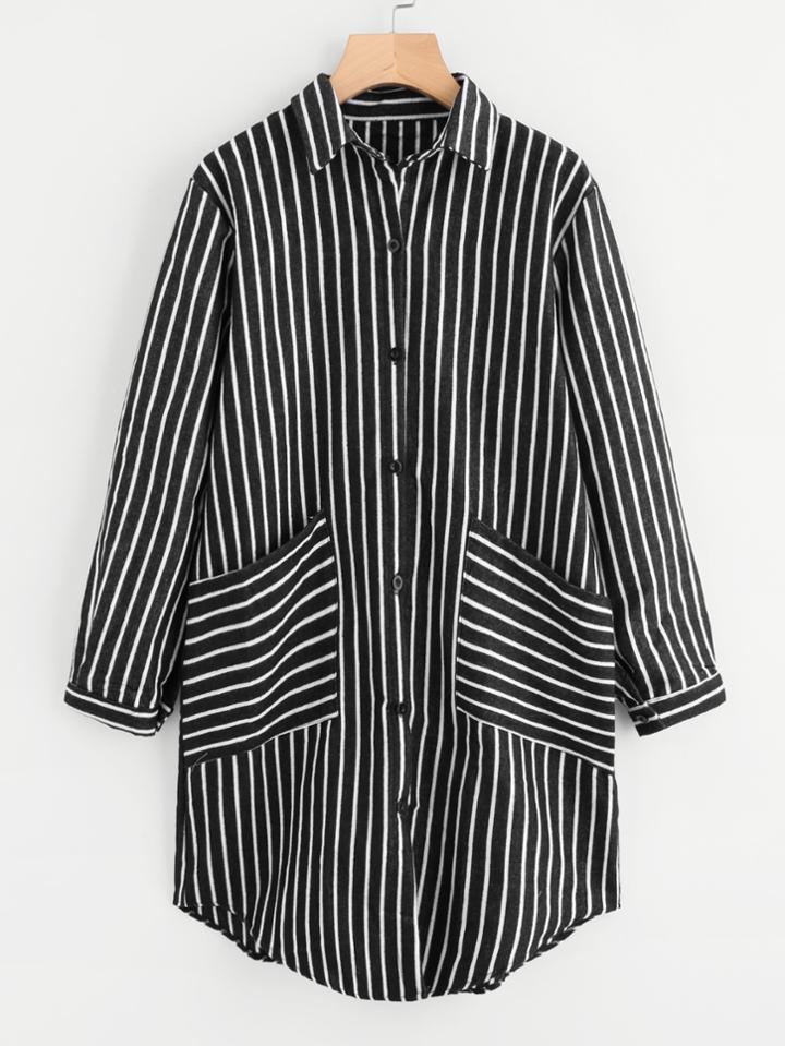 Shein Striped Double Pockets Curved Hem Shirt