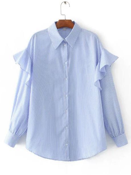 Shein Blue Vertical Striped Ruffle Trim Blouse
