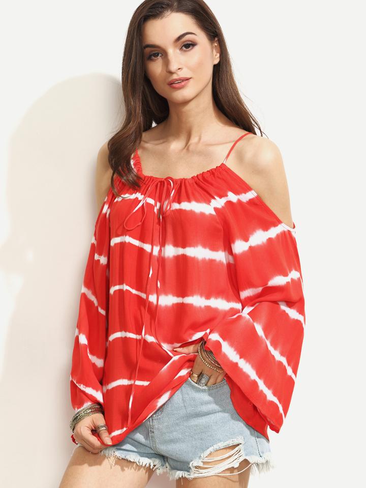 Shein Red Cold Shoulder Tie Dye Lace Up Top