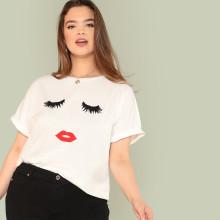 Shein Plus Winky Print Cuffed Tee