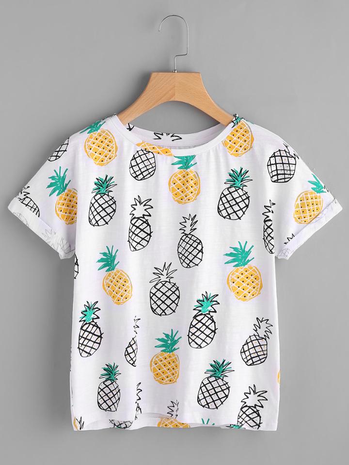 Shein Allover Pineapple Print Roll Cuff T-shirt