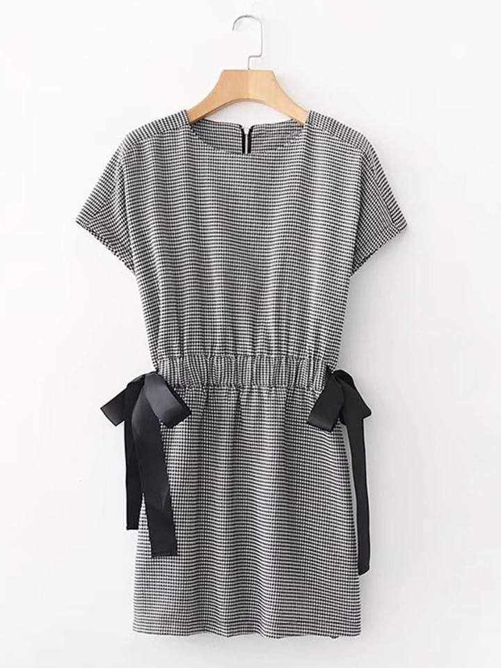 Shein Contrast Ribbon Houndstooth Dress