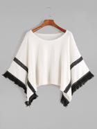 Shein White Contrast Crochet Fringe Hem Poncho Sweater