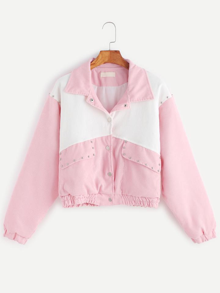 Shein Pink Contrast Corduroy Stud Embellished Jacket