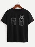 Shein Black Cat Print False Pocket T-shirt