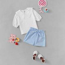 Shein Girls Keyhole Back Top & Gingham Shorts Set