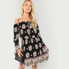 Shein Knot Front Bell Sleeve Floral Bardot Dress
