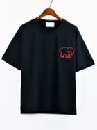 Shein Elephant Embroidered Drop Shoulder T-shirt - Black