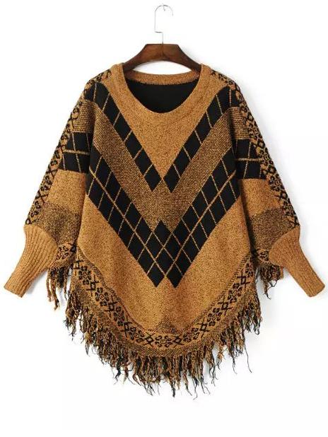 Shein Yellow Black Batwing Long Sleeve Tassel Sweater