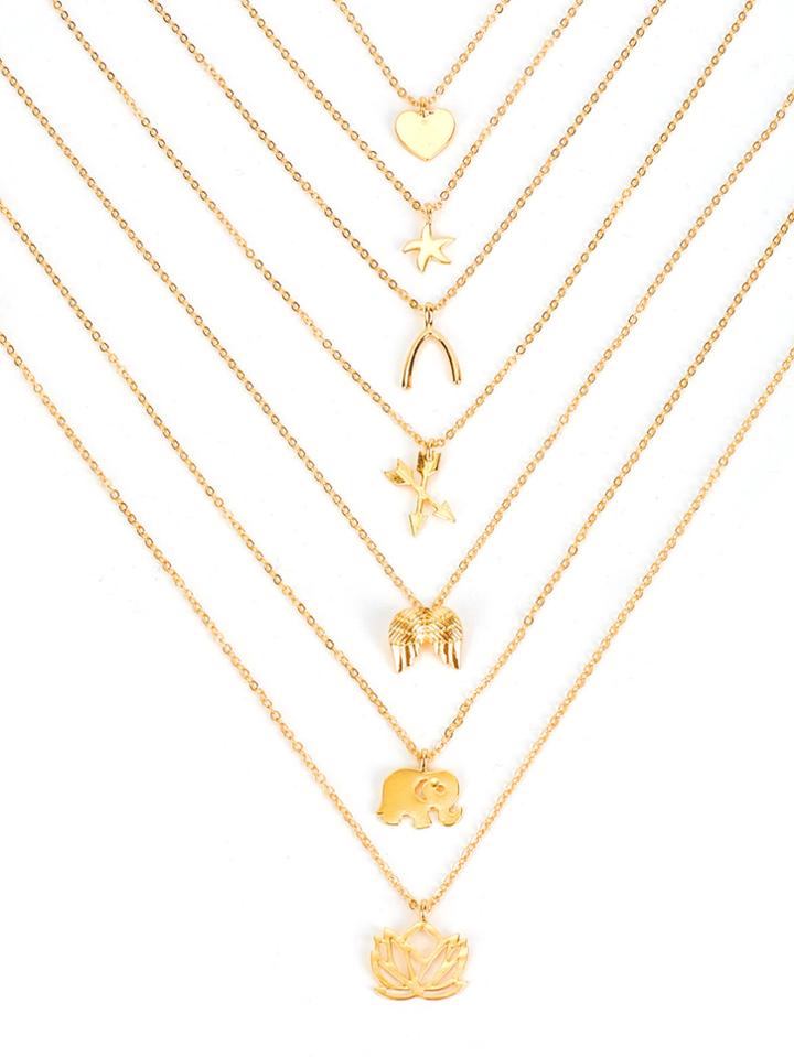 Shein Elephant And Lotus Pendant Necklace Set 7pcs