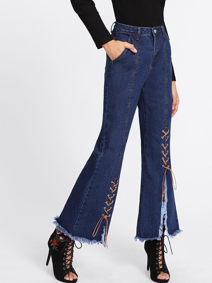 Shein Lace Up Front Frayed Hem Jeans