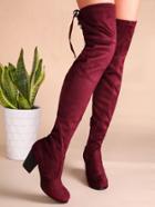 Shein Burgundy Tie Back Thigh High Chunky Heel Boots