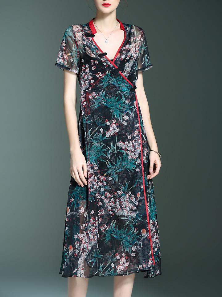 Shein Black V Neck Floral Sheer Two-piece Dress
