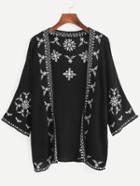 Shein Black Embroidered Open Front Blouse