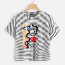 Shein Cartoon Print Striped Tee