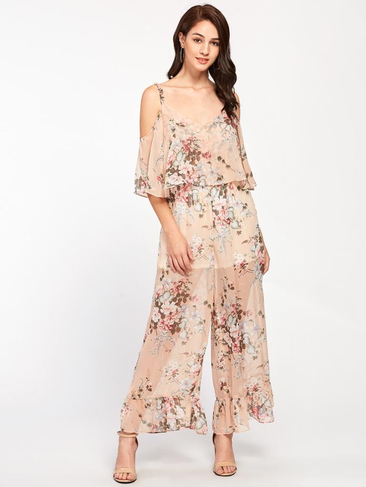 Shein Cold Shoulder Ruffle Hem Double Layer Palazzo Jumpsuit