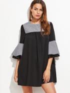 Shein Black Contrast Checkered Neck Bell Sleeve Tent Dress