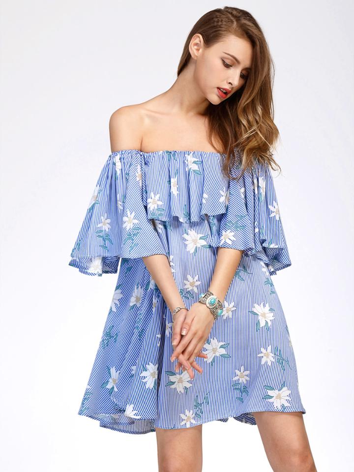Shein Flounce Layered Vertical Striped Florals Bardot Dress
