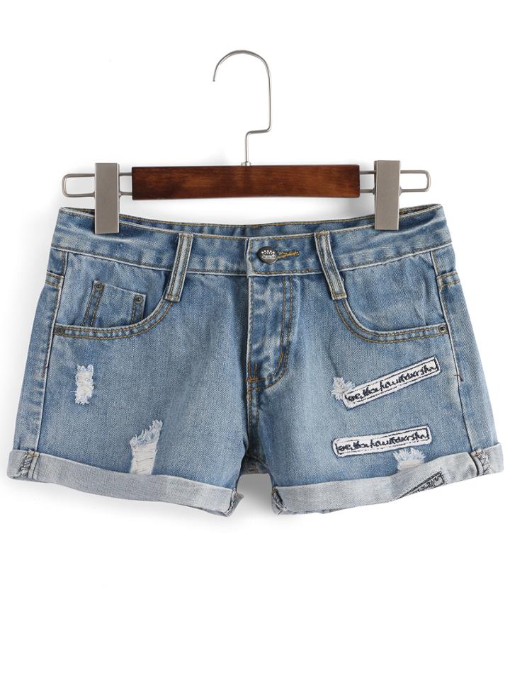 Shein Ripped Cuffed Embroidered Denim Shorts