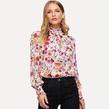 Shein Ruffle Detail Mock-neck Floral Top