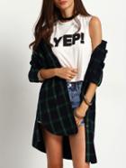 Shein Green Long Sleeve Side Split Plaid Blouse