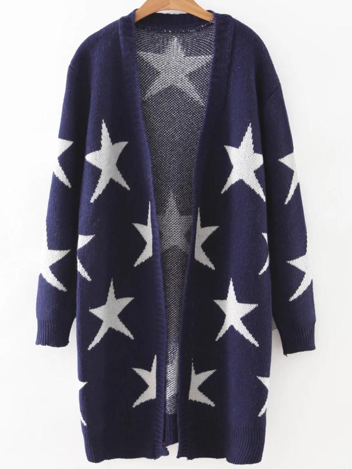Shein Navy Collarless Ribbed Trim Star Cardigan