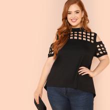 Shein Plus Mock Neck Cold Shoulder Geo Cut Tee