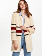 Shein Apricot Striped Open Front Faux Fur Coat