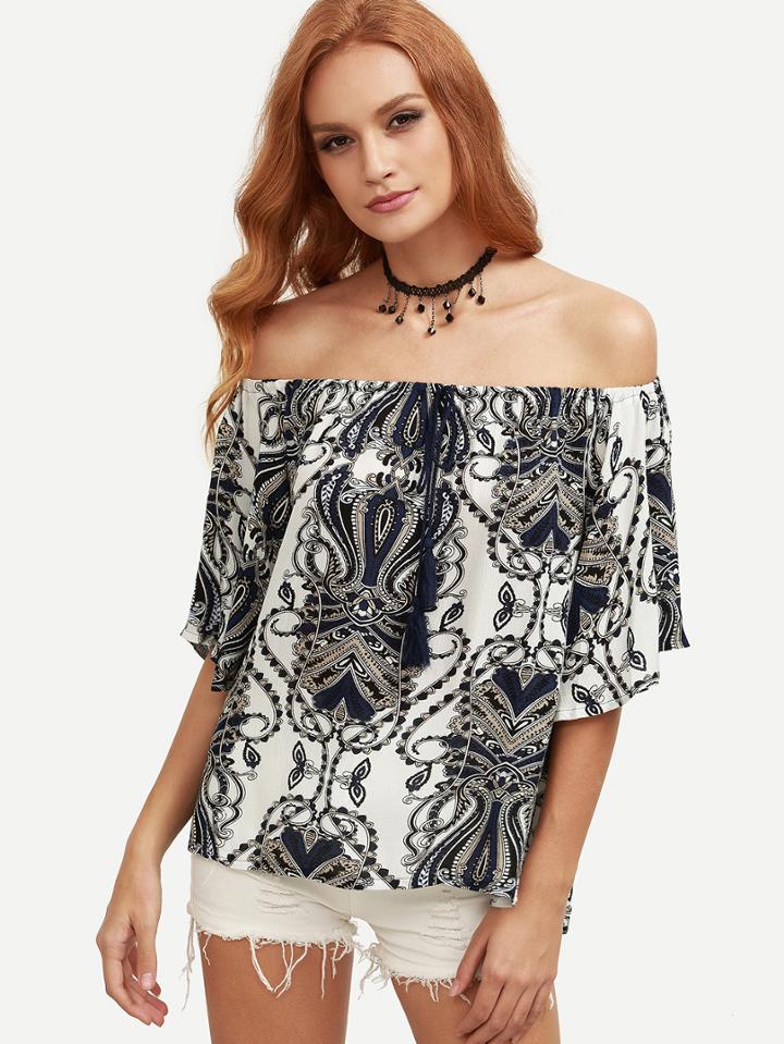 Shein Navy Vintage Print Tassel Tie Off The Shoulder Top