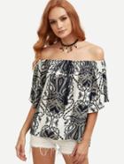Shein Navy Vintage Print Tassel Tie Off The Shoulder Top