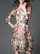 Shein Apricot Floral Belted A-line Dress