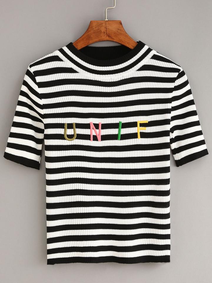 Shein Black Striped Letters Embroidered Sweater