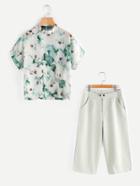 Shein Band Collar Floral Top With Wide Leg Pants