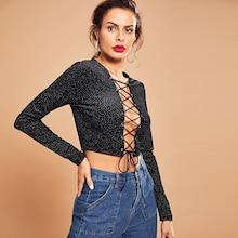 Shein Plunging Neck Lace Up Dot Velvet Top