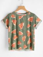 Shein Watermelon Print Cuffed Sleeve Frayed Dot Tee