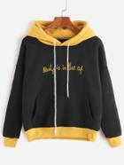 Shein Color Block Slogan Embroidered Hooded Pocket Sweatshirt
