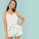 Shein Ruffle Hem Pinstripe Cami & Belted Shorts Set