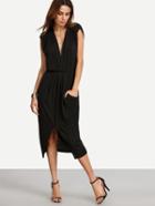 Shein Black Pocket V Neck Cap Sleeve Split Dress