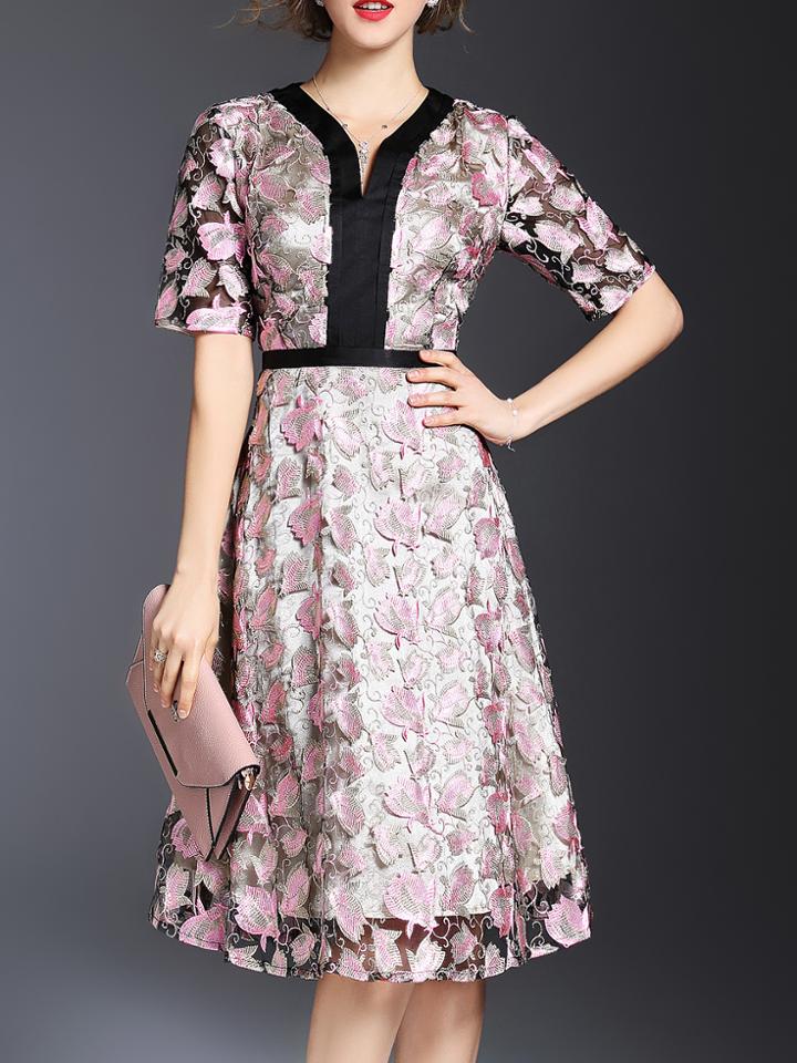 Shein Pink V Neck Flowers Gauze Embroidered Dress