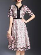 Shein Pink V Neck Flowers Gauze Embroidered Dress