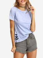 Shein Plain Round Neck Cutout Blue T-shirt