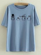 Shein Blue Short Sleeve Penguins Printed Casual T-shirt