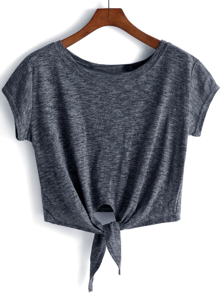 Shein Dark Grey Knotted Crop T-shirt