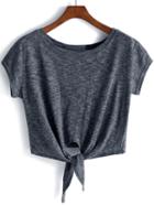Shein Dark Grey Knotted Crop T-shirt