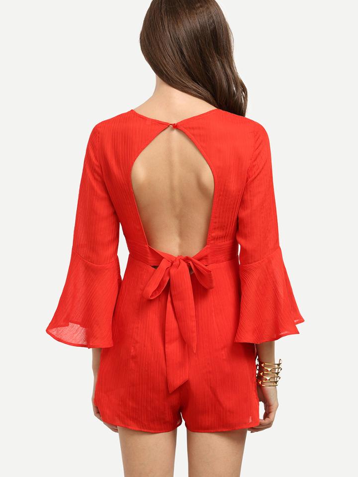 Shein Red Bell Sleeve Cutout Tie Back Jumpsuit