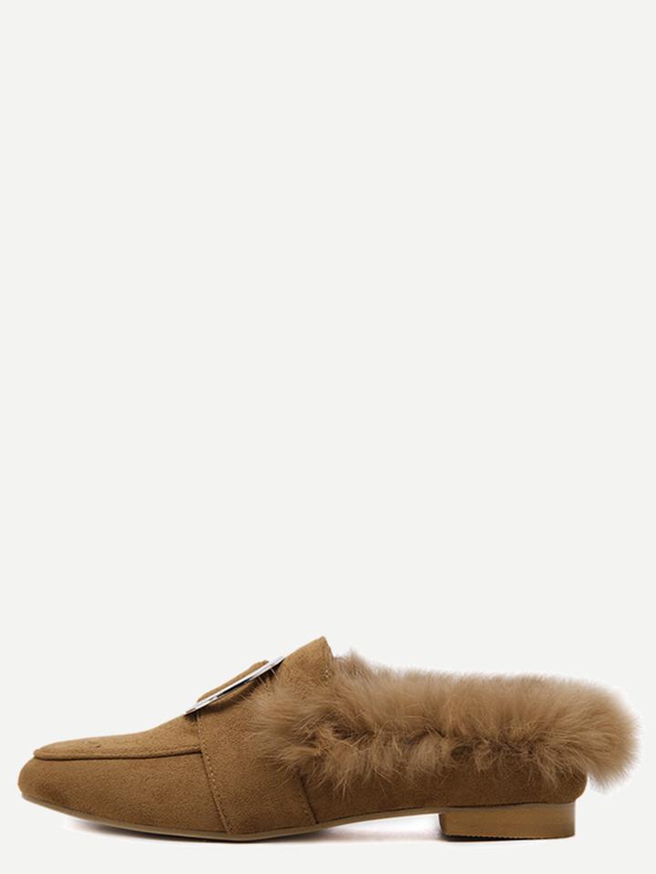 Shein Brown Plated Ring Fur Lined Suede Loafer Slippers